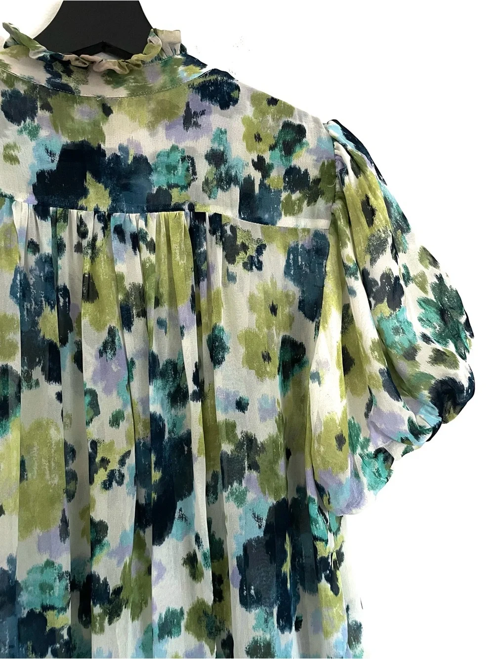 NWT The Estela Sheer Printed Blouse: Short Sleeve Edition Blue Floral SP Boho